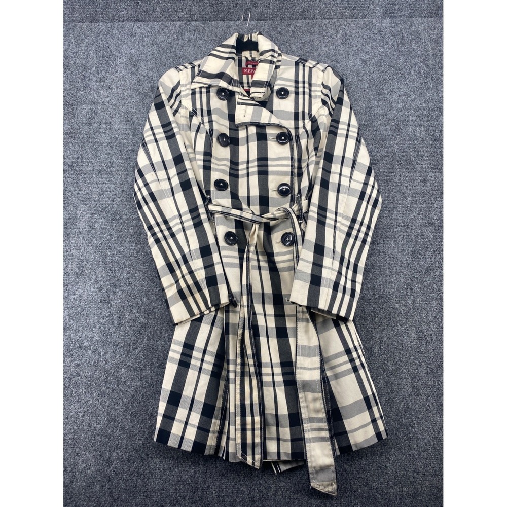 Merona Plaid Trench Coat Women Small Cream Black Water Repellent Belted Jacket